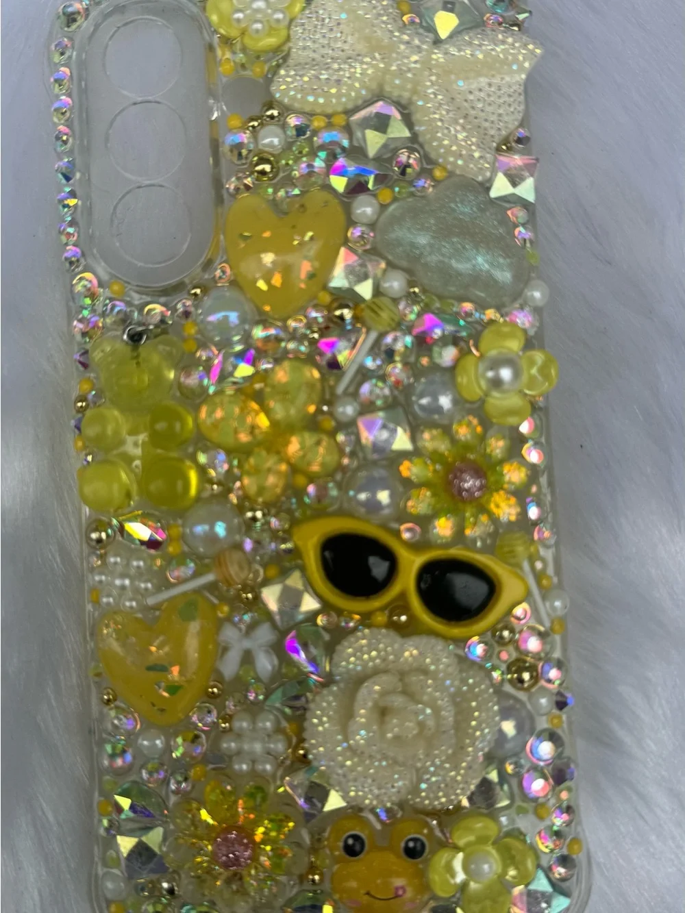 Decorative Yellow Bling Phone Case with Pearls & Rhinestones